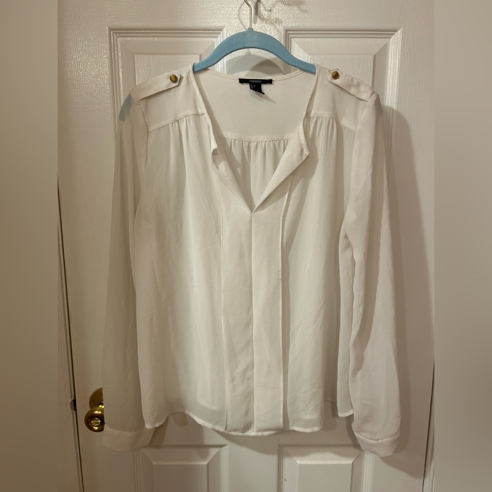 Forever 21 White Long Sleeve Sheer Blouse Gold Accent Buttons and V Neck Size M